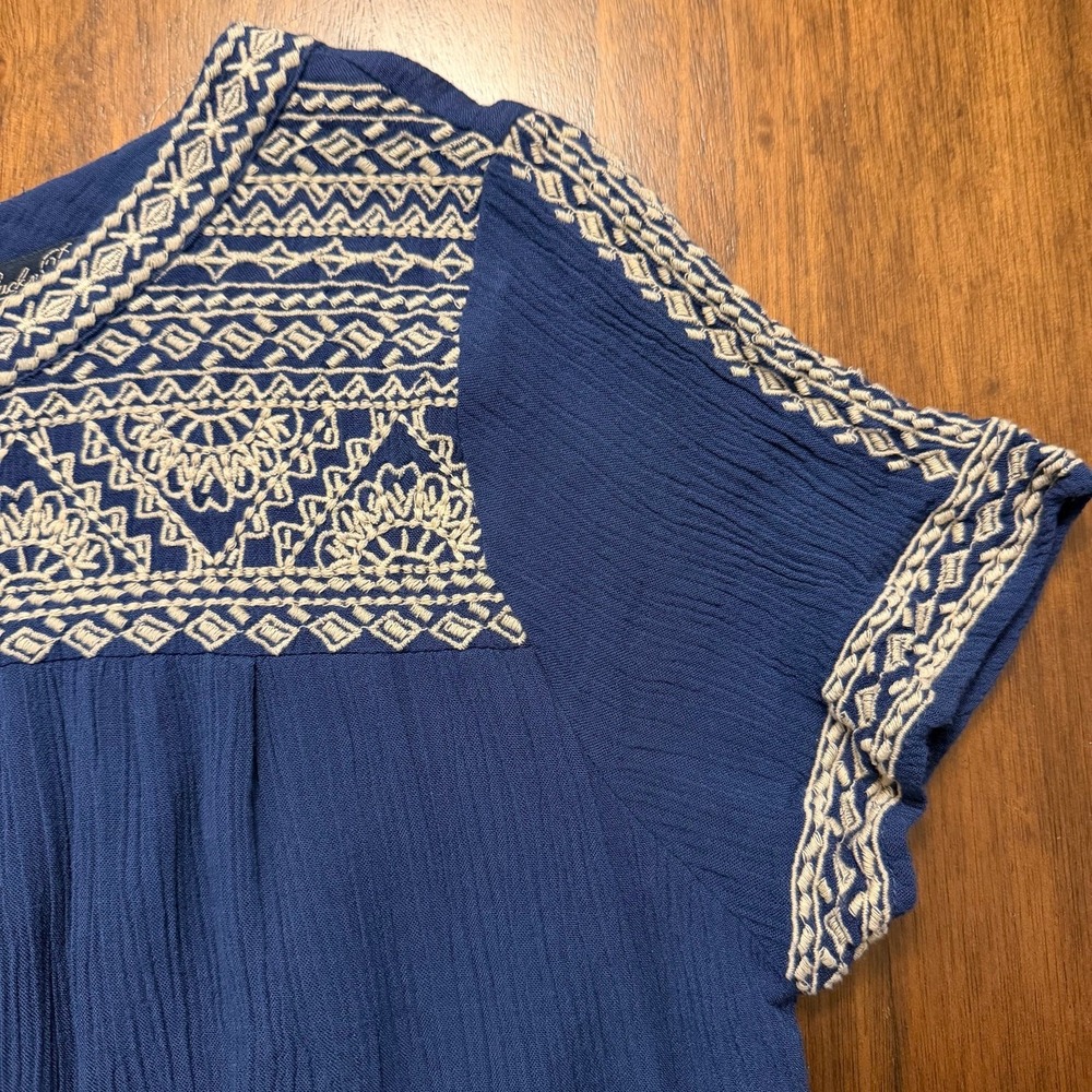 Lucky Brand Blue Embroidered Gauze Shift Dress Womens Small Boho Short Sleeve - Picture 5 of 8